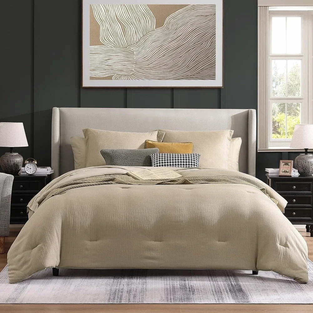 Queen Textured Comforter Set 3 Pieces Oatmeal Comforter + Pillowshams
